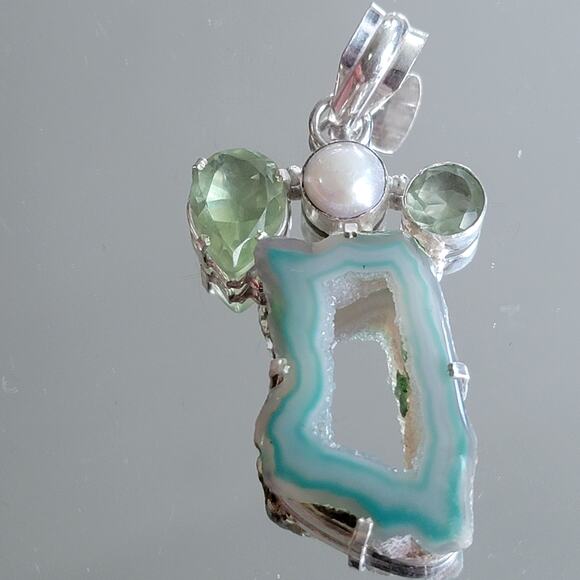 Green Druzy Geode Pendant, Sterling Silver Gemstone Necklace, Prehnite and Pearl - Picture 3 of 10